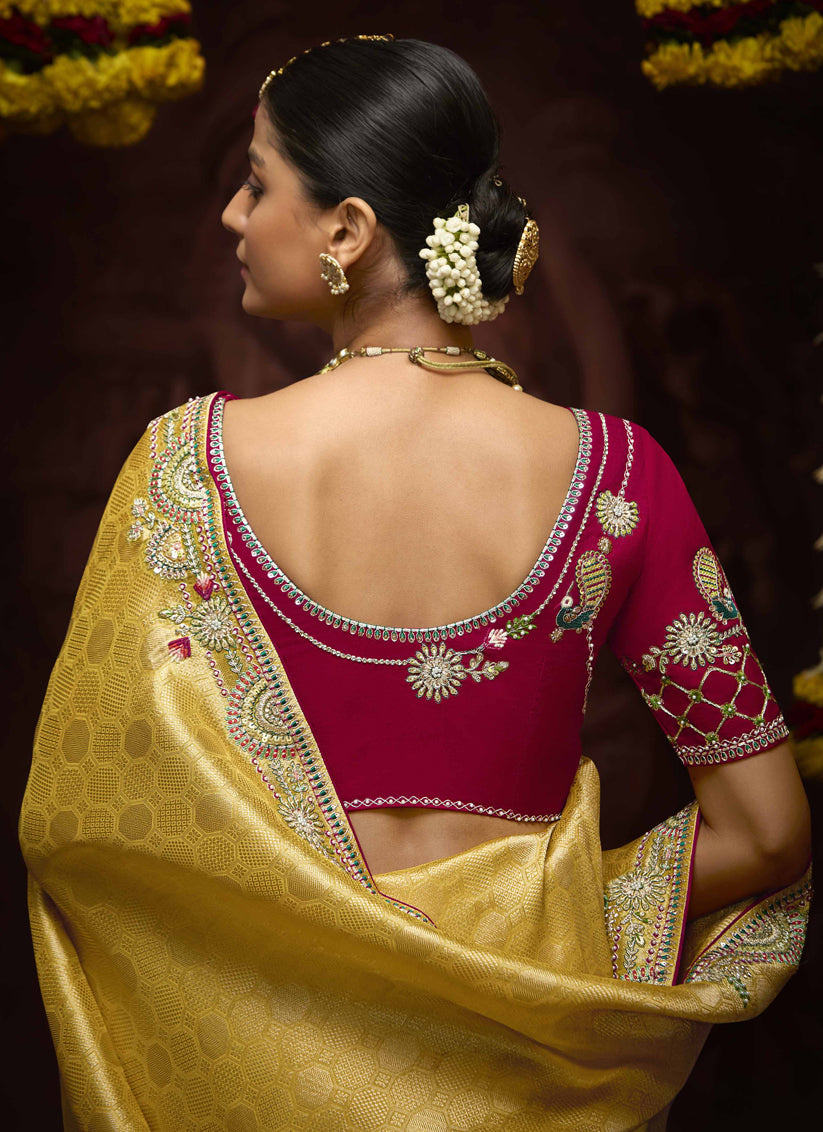 Pastel Yellow Pure Banarasi Kanjivaram Saree for Wedding