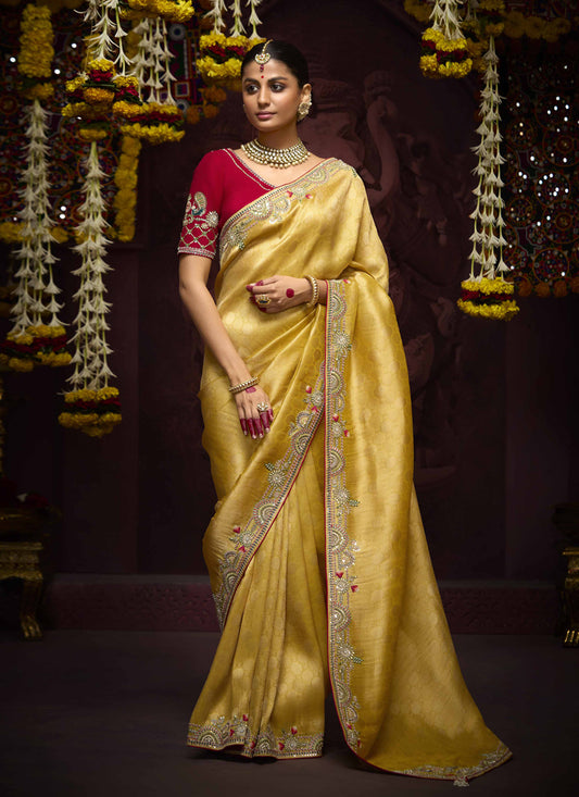 Pastel Yellow Pure Banarasi Kanjivaram Saree for Wedding