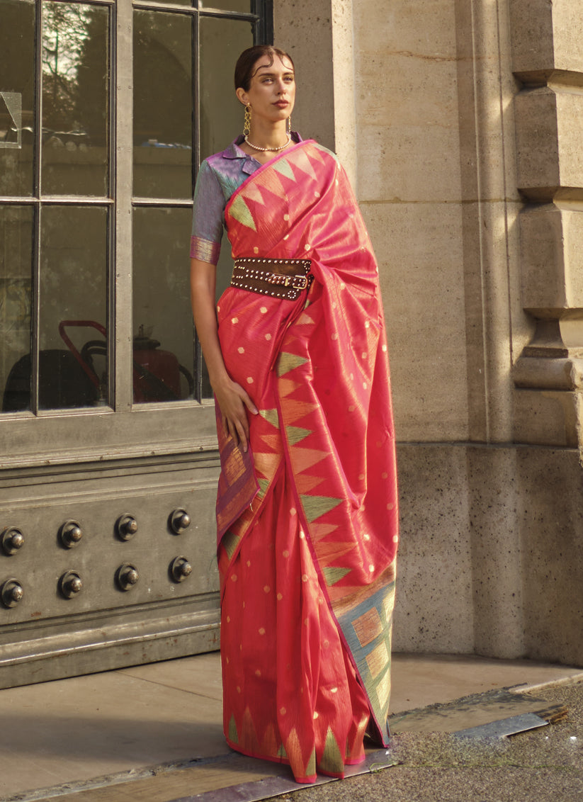 Coral Pink Art Silk Handllom Woven Saree