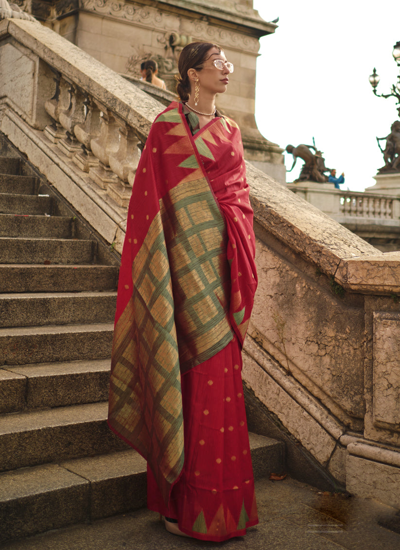 Red Art Silk Handllom Woven Saree