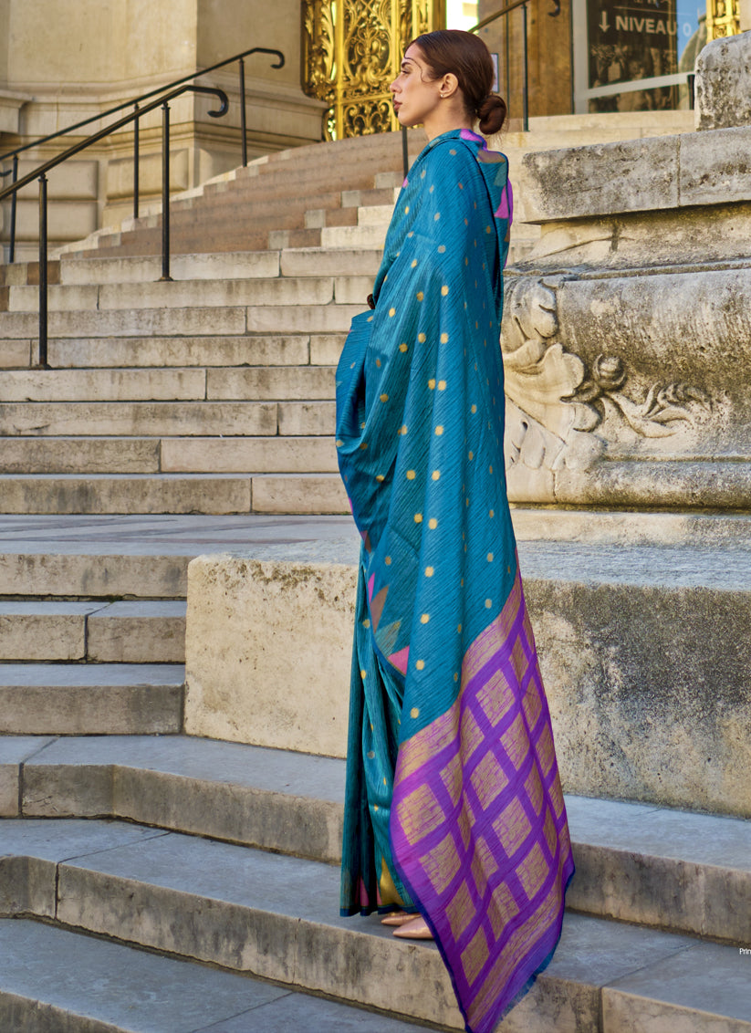 Teal Blue Art Silk Handllom Woven Saree