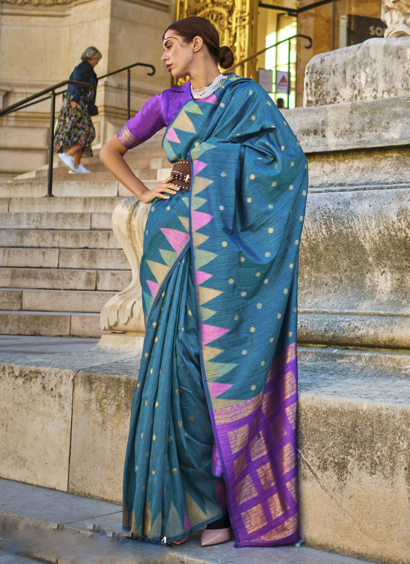 Teal Blue Art Silk Handllom Woven Saree