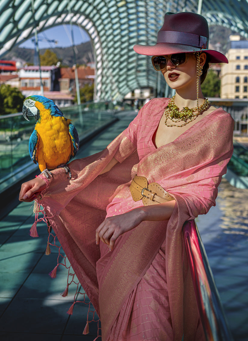 Cherry Pink Silk Handloom Weaving Saree