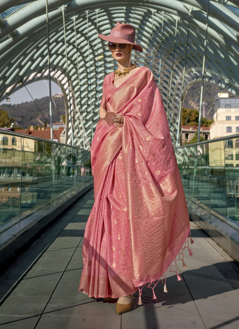 Cherry Pink Silk Handloom Weaving Saree