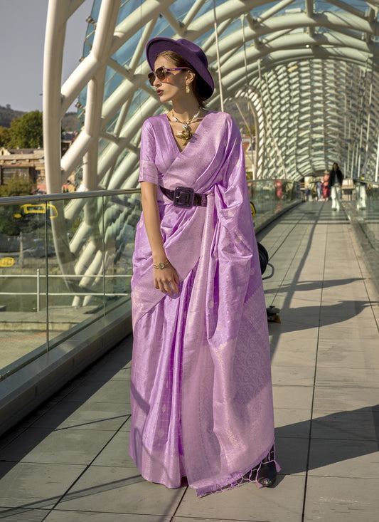 Lilac Silk Handloom Weaving Saree