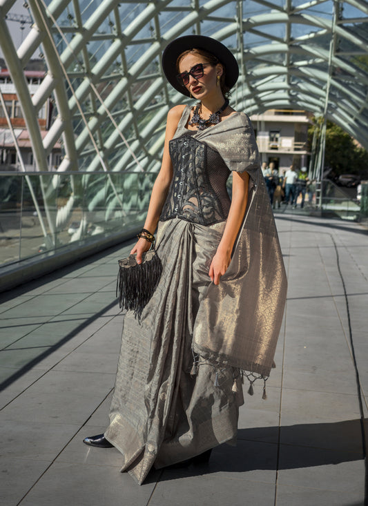 Dusty Grey Silk Handloom Weaving Saree