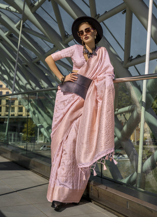 Blush Pink Silk Handloom Weaving Saree