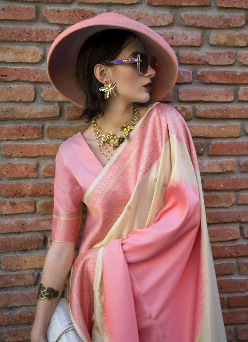 Cream and Cherry Pink Silk Weaving Saree