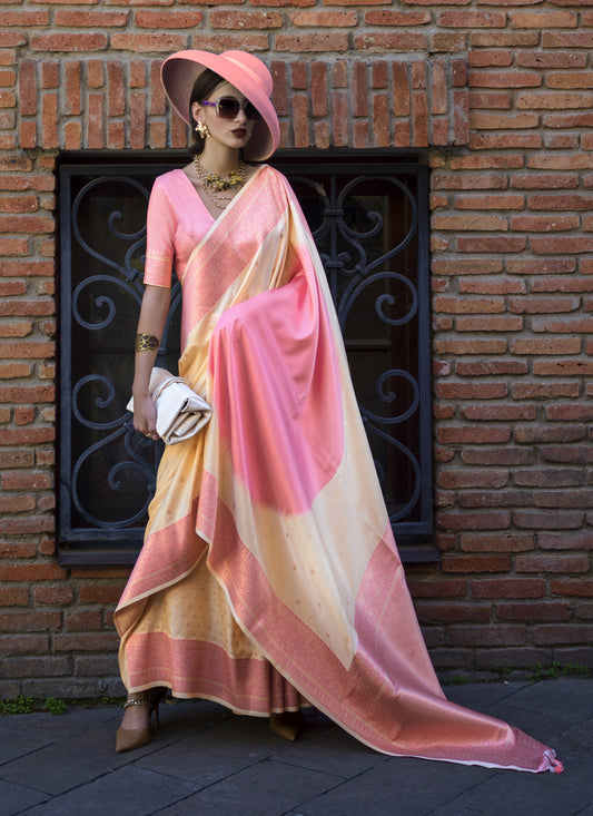 Cream and Cherry Pink Silk Weaving Saree