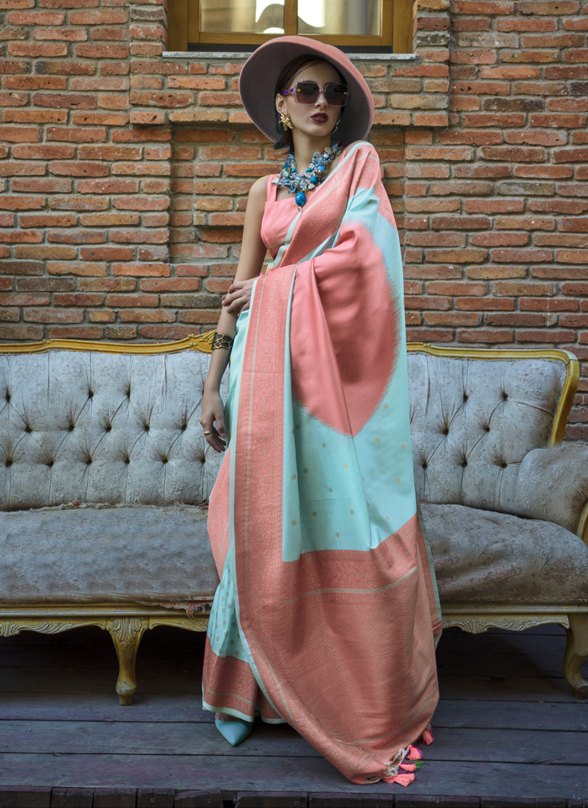 Ice Blue and Puce Pink Silk Weaving Saree