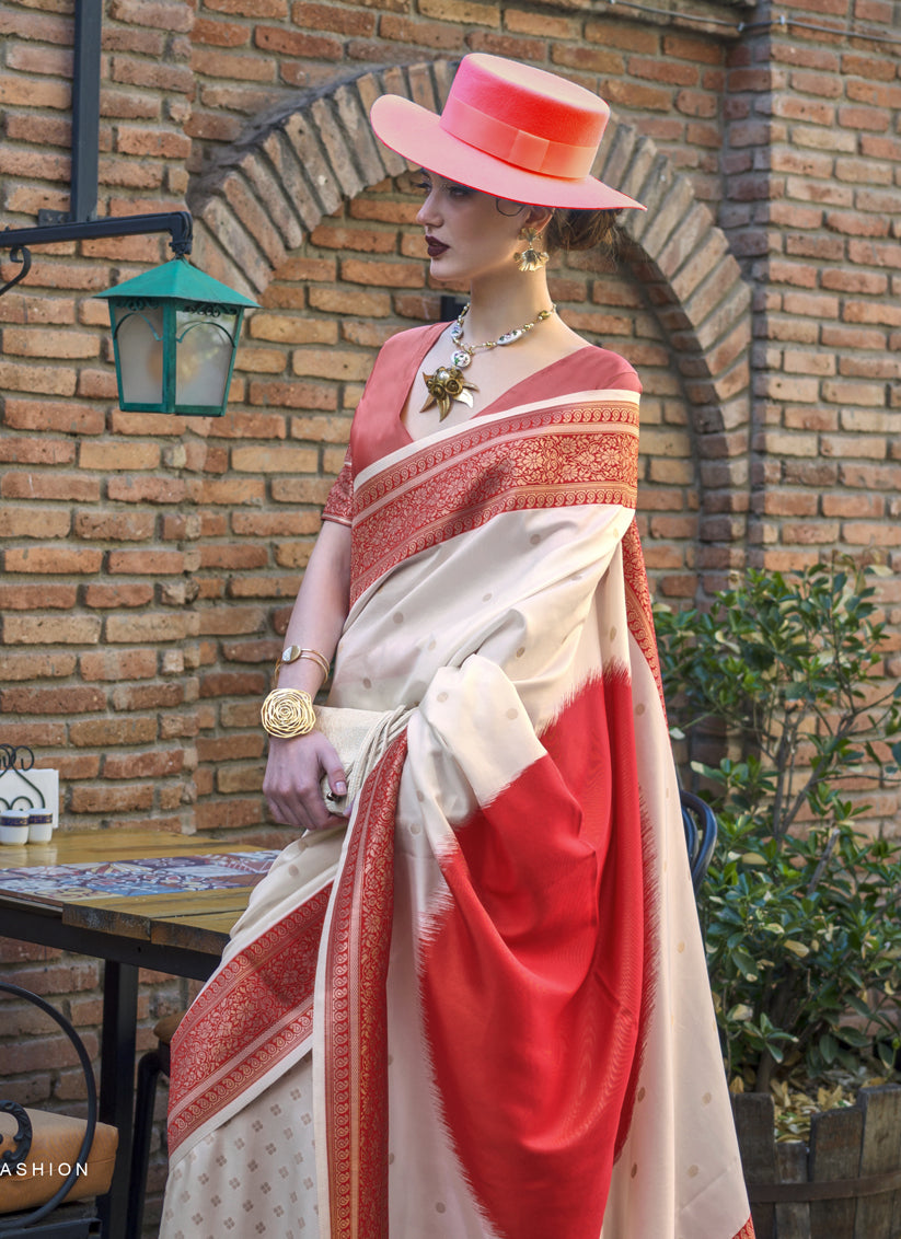 White and Hot Pink Silk Weaving Saree