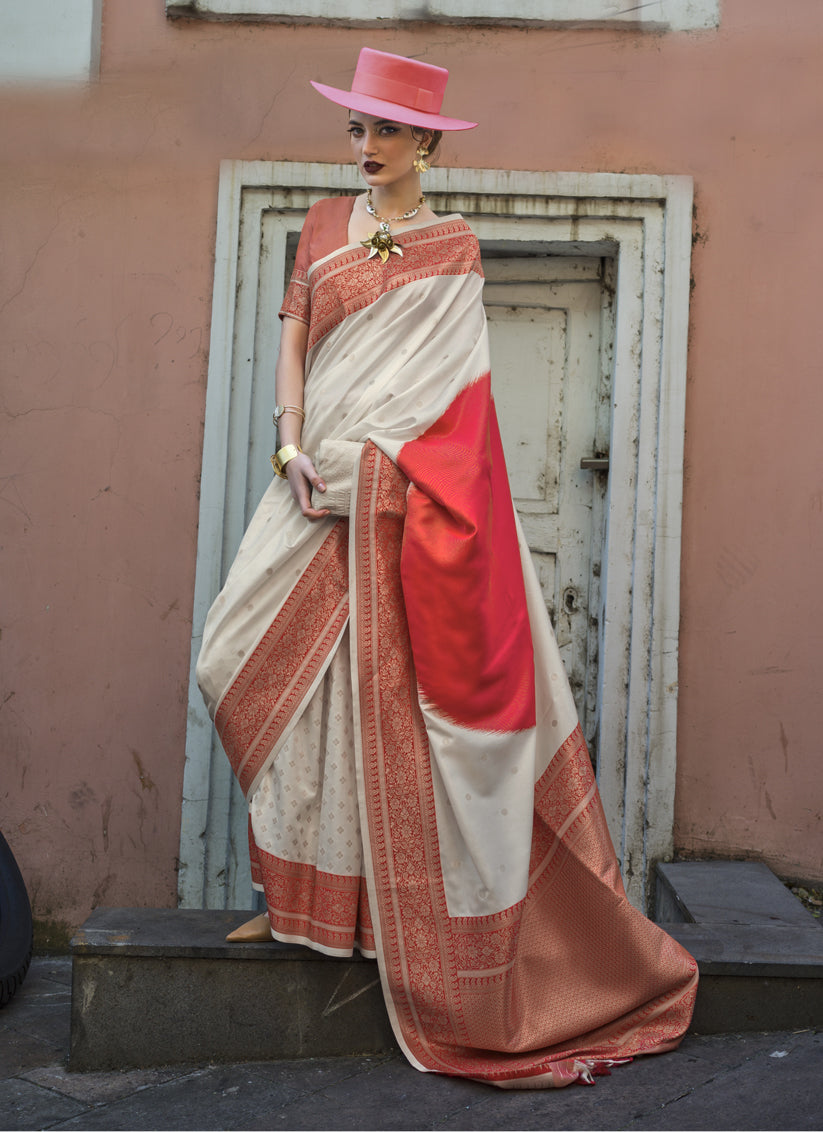 White and Hot Pink Silk Weaving Saree