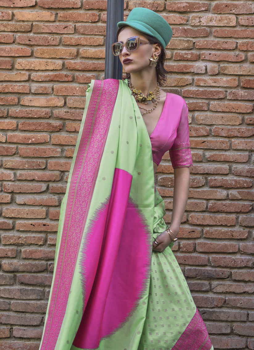 Mint Green and Rani Pink Silk Weaving Saree