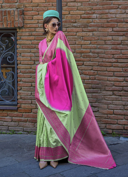 Mint Green and Rani Pink Silk Weaving Saree