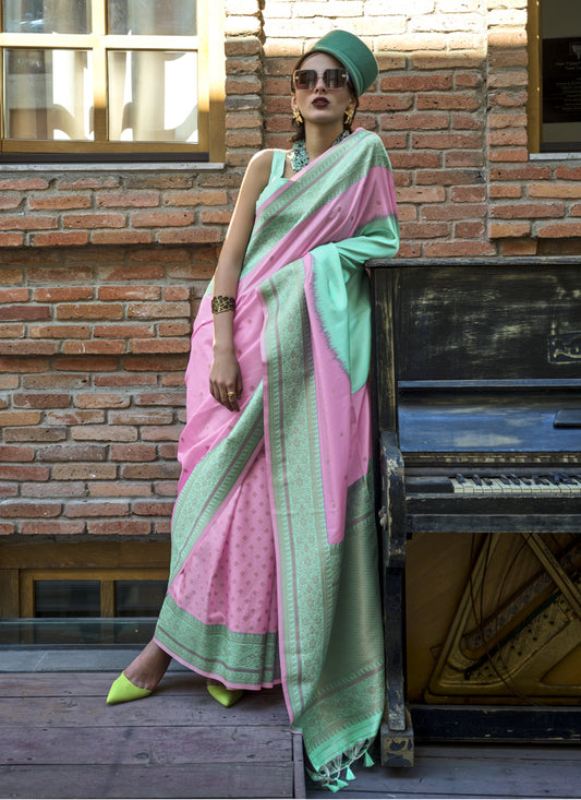 Rose Pink and Turquoise Silk Weaving Saree