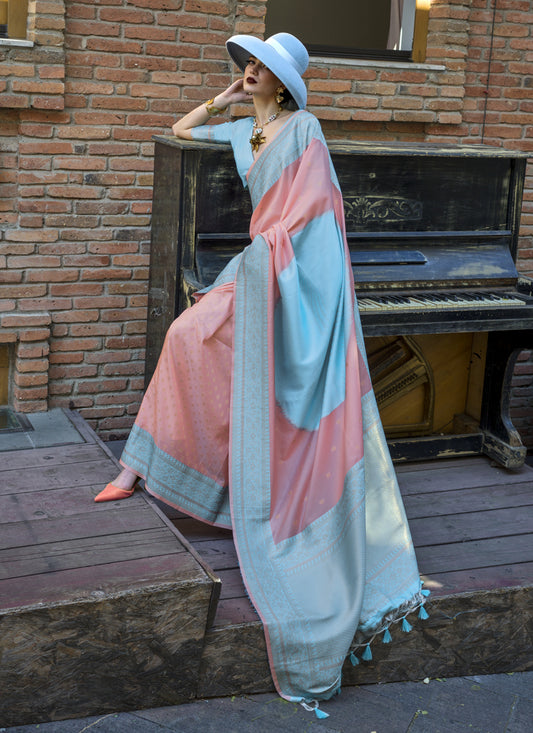 Coral Pink and Sky Blue Silk Weaving Saree