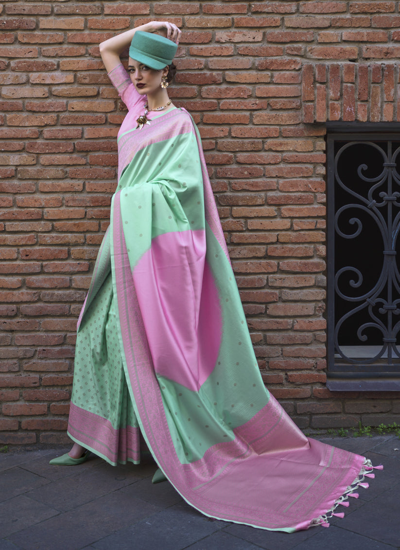 Mint Green and Cherry Pink Silk Weaving Saree