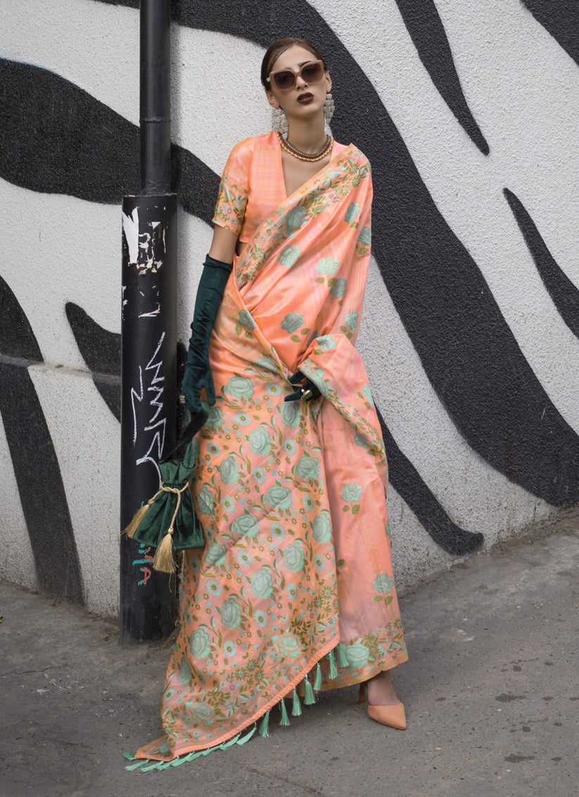 Peach Handloom Silk Parsi Weaving Saree