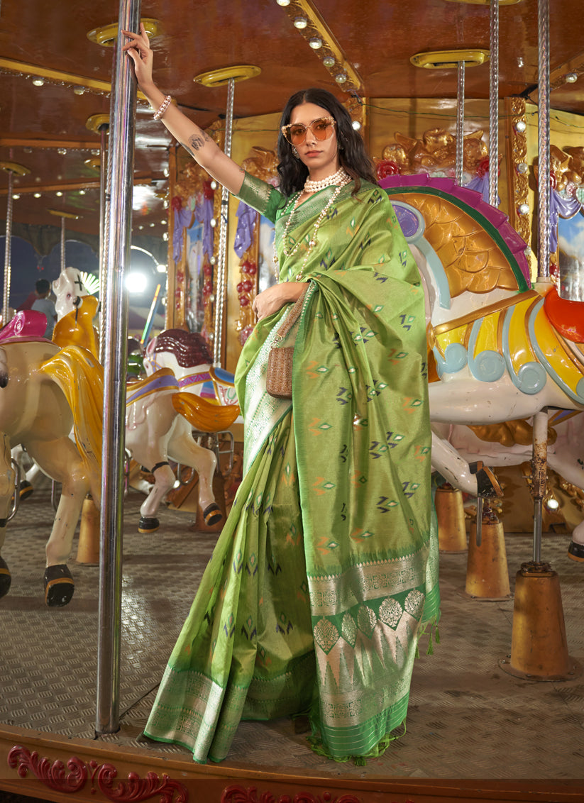 Lime Green Handloom Silk Hand Woven Saree