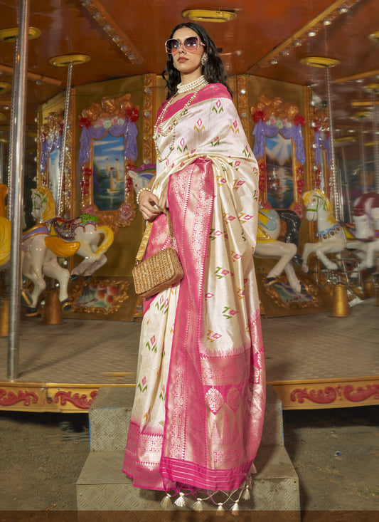 Cream Handloom Silk Hand Woven Saree