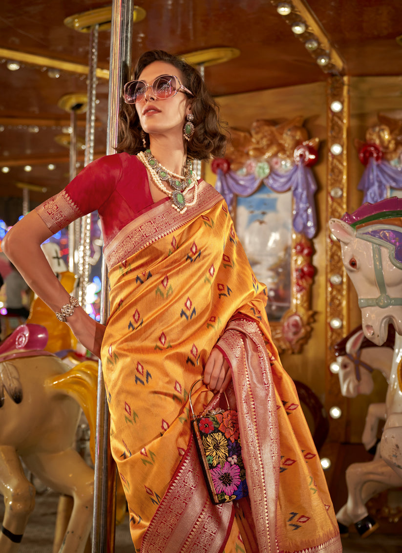 Golden Yellow Handloom Silk Hand Woven Saree