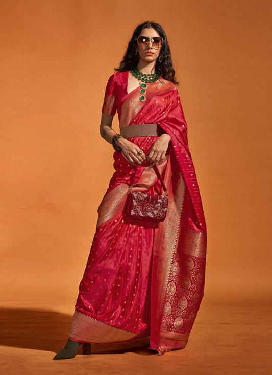 Deep Pink Satin Silk Party Wear Saree