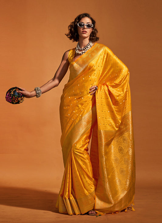 Yellow Satin Silk Party Wear Saree