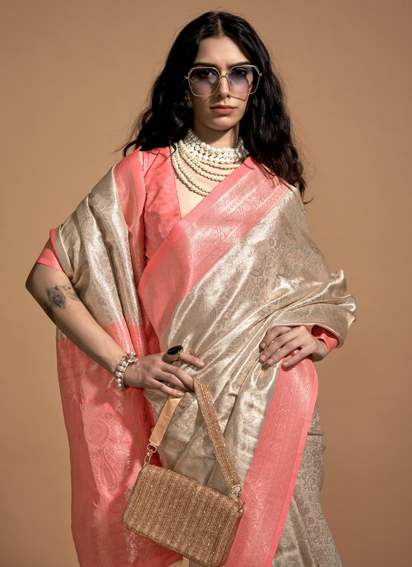 Beige Kanjivaram Silk Hand Woven Saree