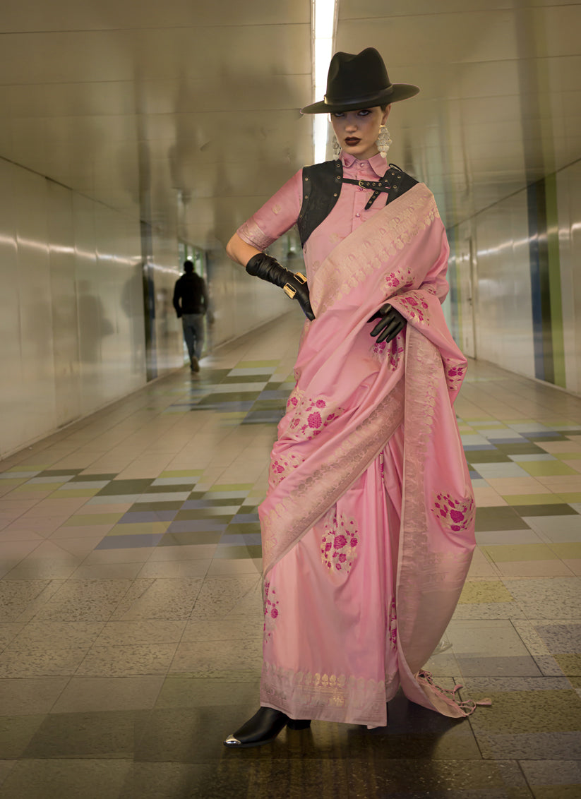 Cherry Pink Habutai Silk Handloom Weaving Saree