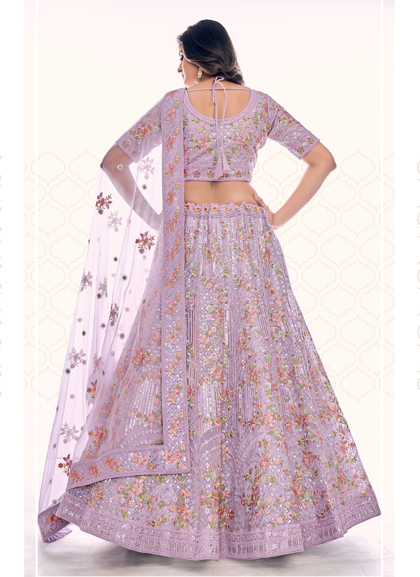 Lilac Net Embroidered Wedding Lehenga Choli