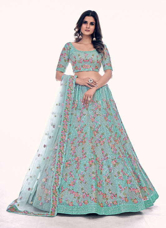 Turquoise Net Embroidered Wedding Lehenga Choli