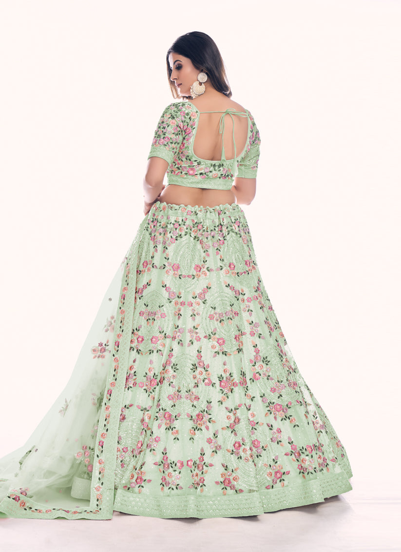 Pastel Green Net Embroidered Wedding Lehenga Choli