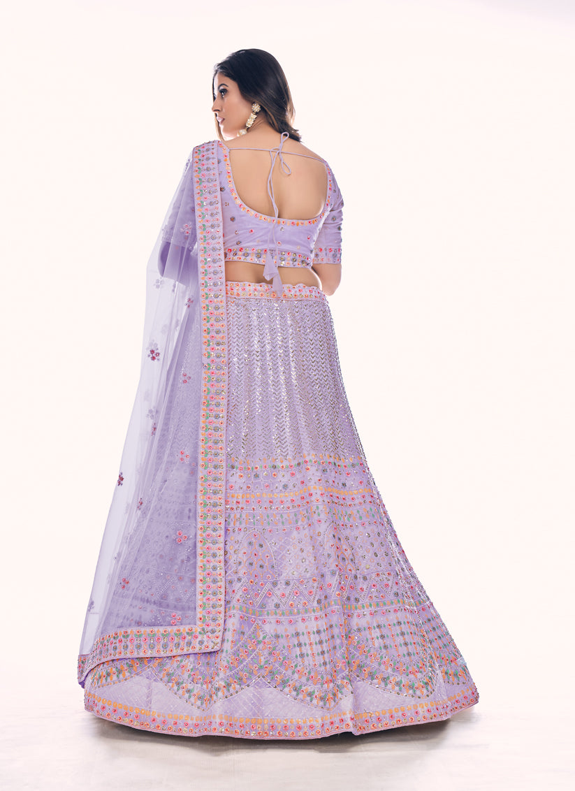 Lavender Net Embroidered Wedding Lehenga Choli