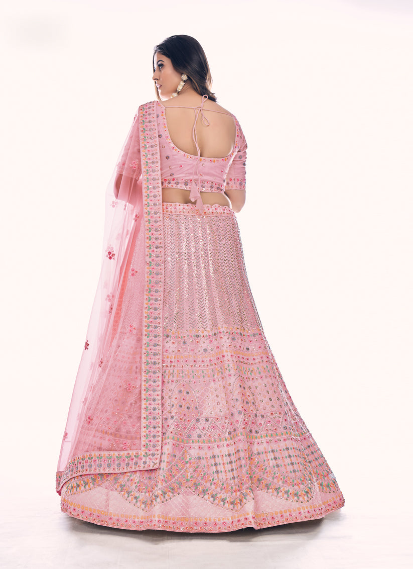 Rose Pink Net Embroidered Wedding Lehenga Choli