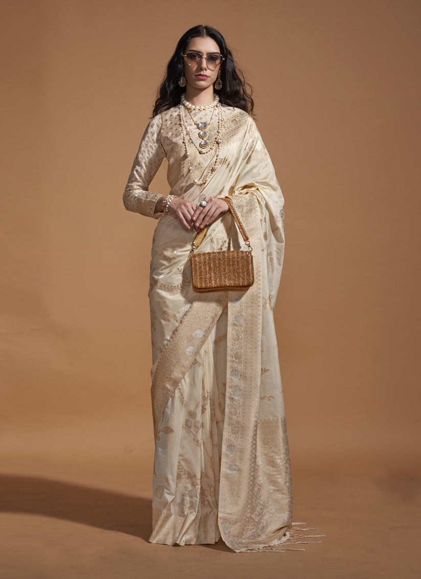 Off White Pure Georgette Silk Weaving Saree