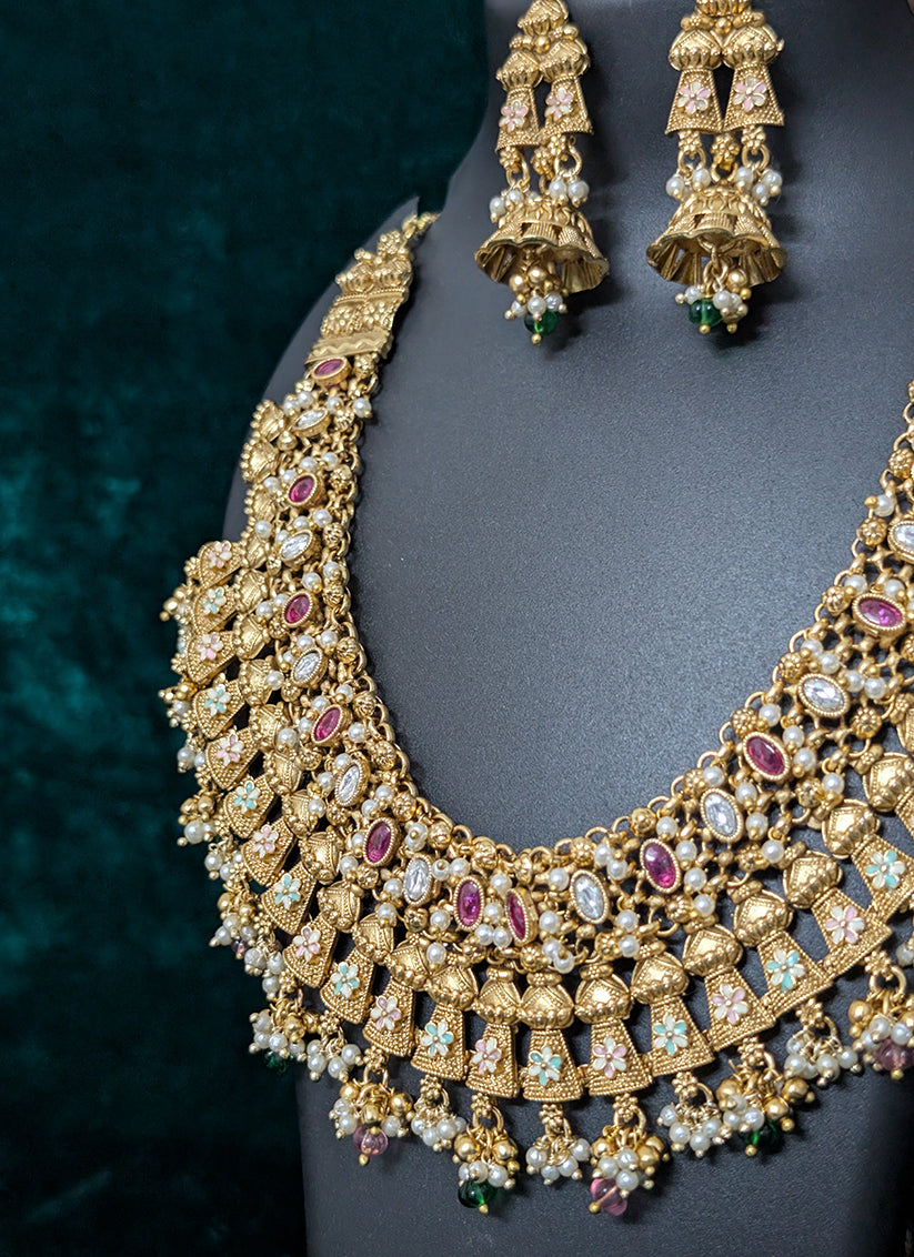 Elegant Pearl & Stone Studded Heavy Necklace Set