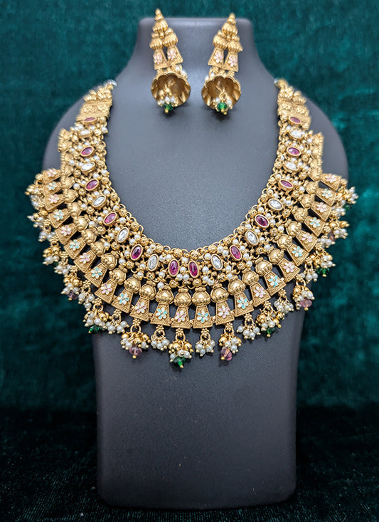 Elegant Pearl & Stone Studded Heavy Necklace Set