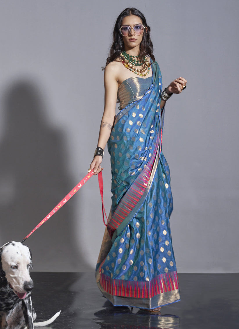 Azure Blue Silk Handloom Weaving Saree