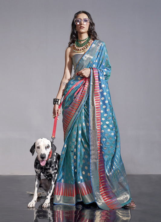 Sea Blue Silk Handloom Weaving Saree