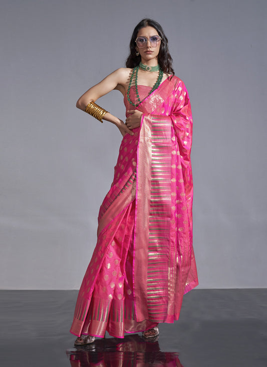 Rani Pink Silk Handloom Weaving Saree