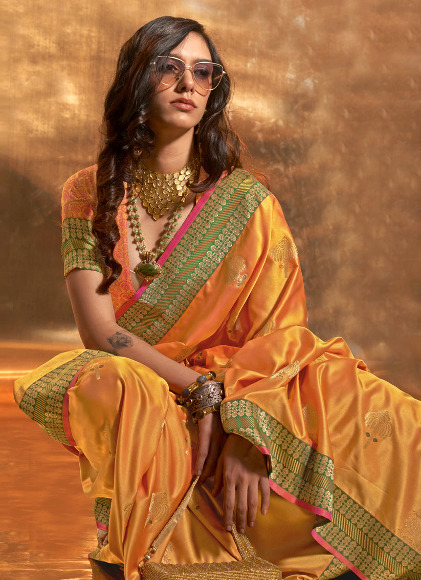 Golden Yellow Pure Satin Chaap Handloom Silk Saree