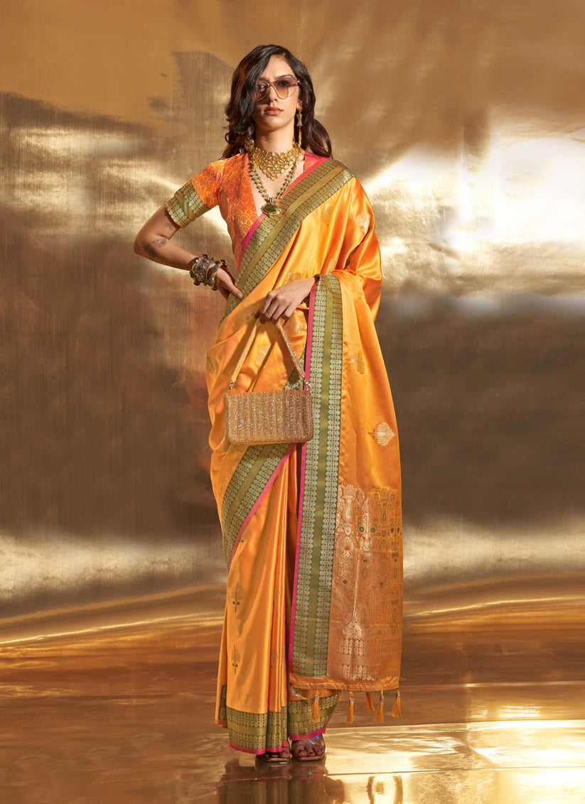 Golden Yellow Pure Satin Chaap Handloom Silk Saree