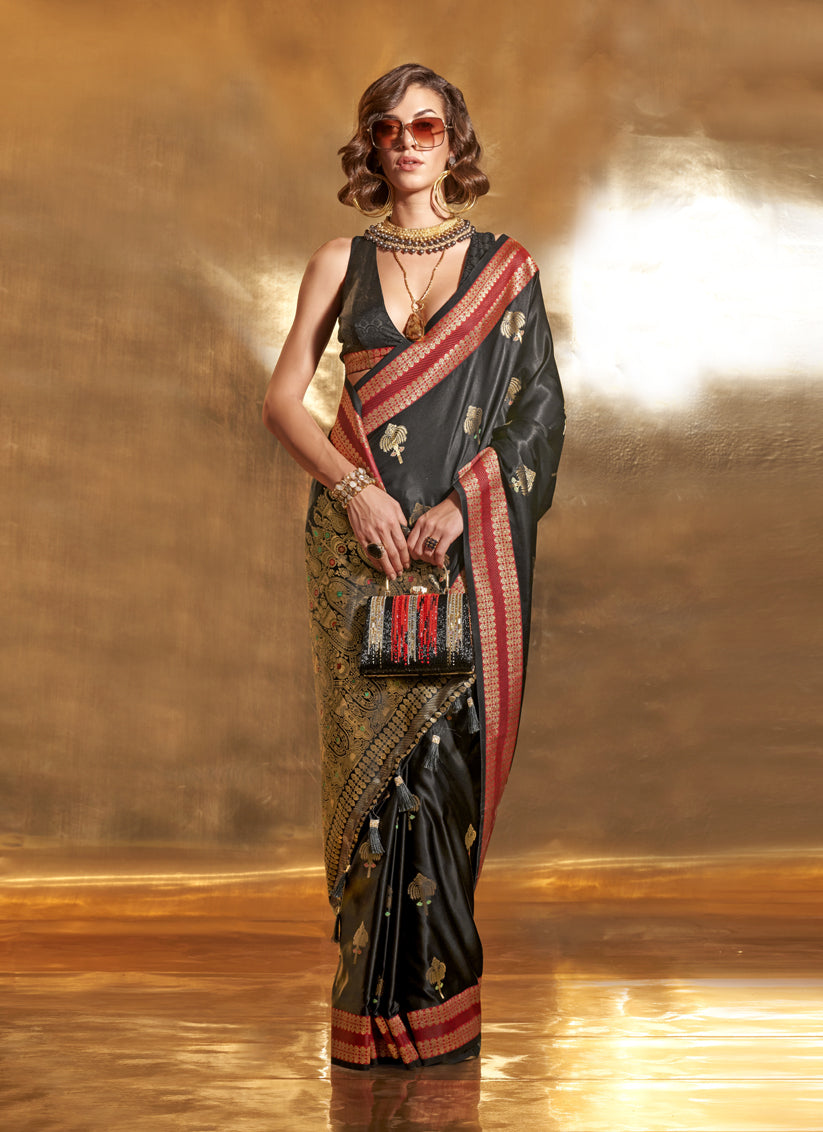 Black Pure Satin Chaap Handloom Silk Saree