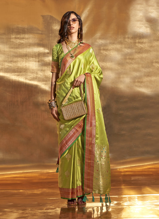 Lime Green Pure Satin Chaap Handloom Silk Saree