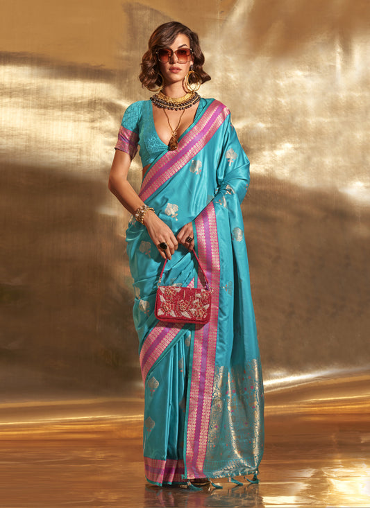 Sky Blue Pure Satin Chaap Handloom Silk Saree