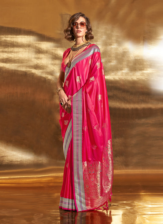 Hot Pink Pure Satin Chaap Handloom Silk Saree