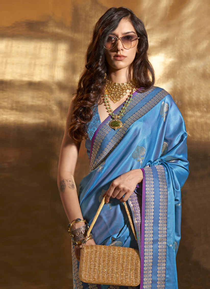 Azure Blue Pure Satin Chaap Handloom Silk Saree