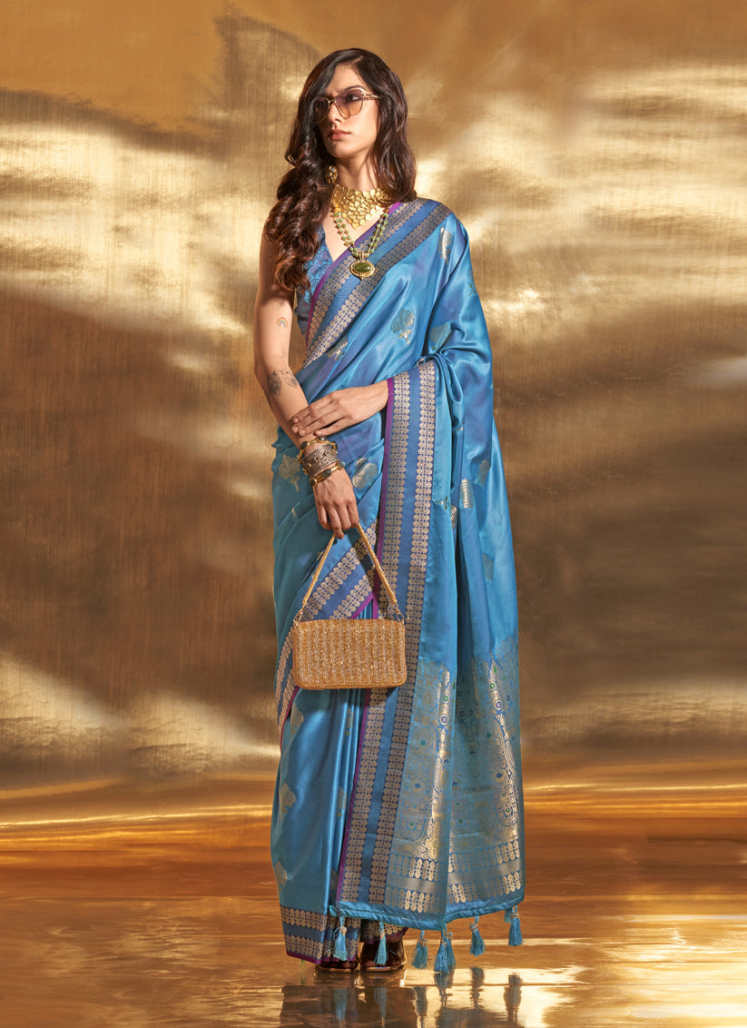 Azure Blue Pure Satin Chaap Handloom Silk Saree