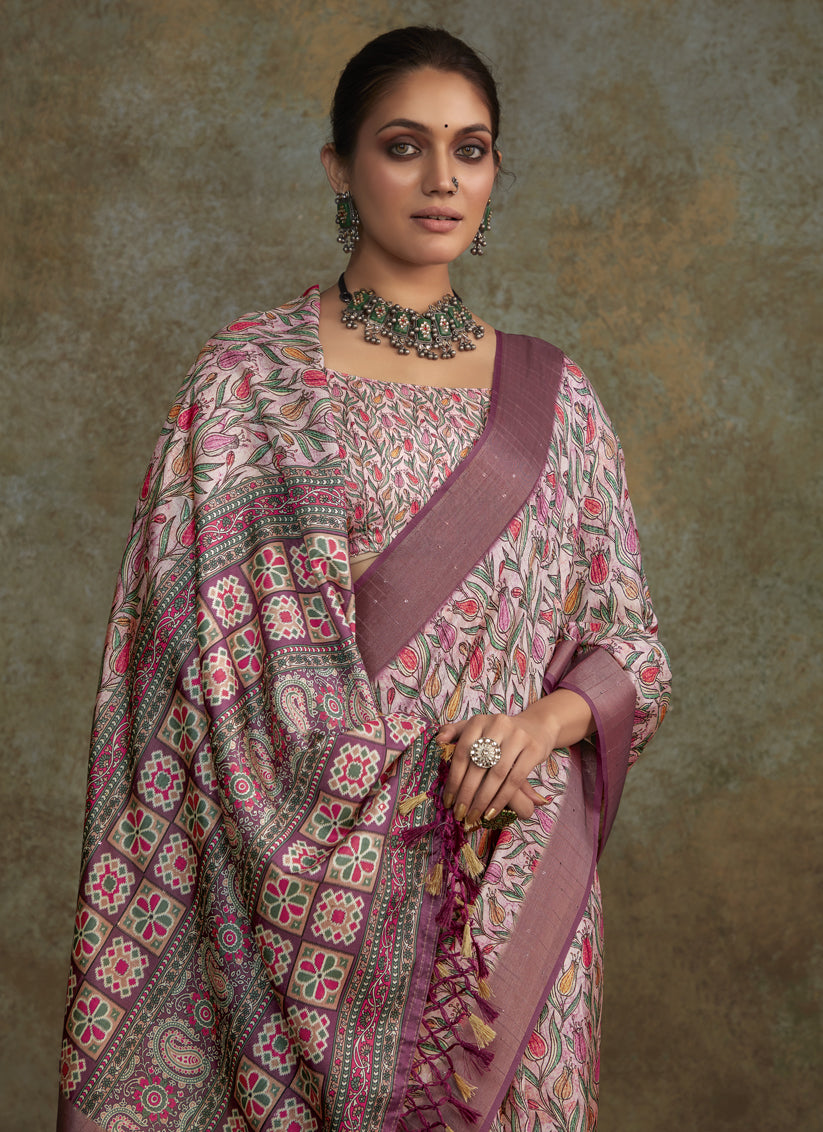 Blush Pink Handloom Silk Printed Saree