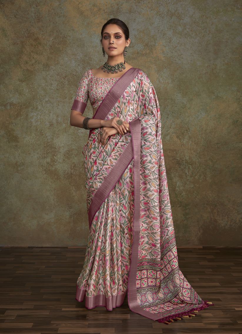 Blush Pink Handloom Silk Printed Saree